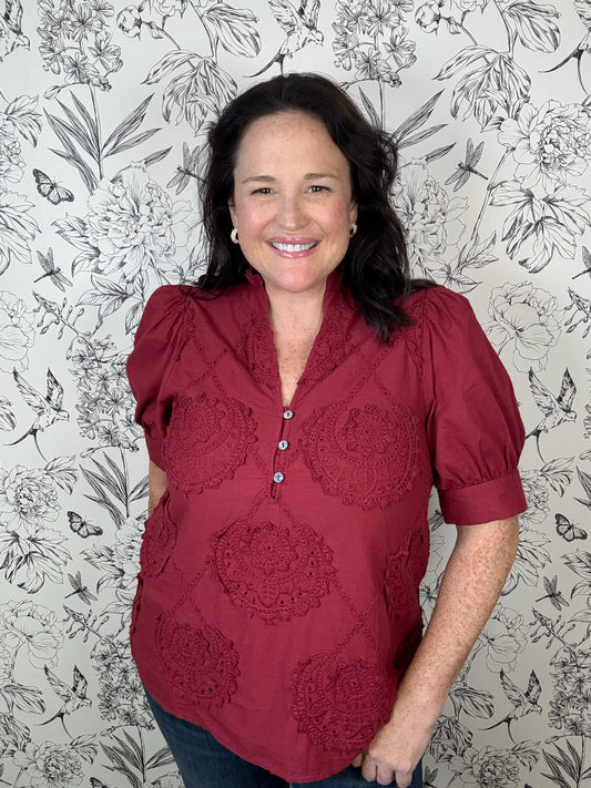 burgundy embroidered blouse ENTRO