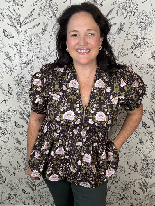 brown, green, pink floral zip up top ENTRO
