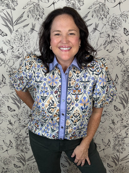 blue floral button up ENTRO