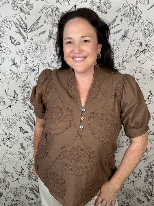 brown embroidered top ENTRO