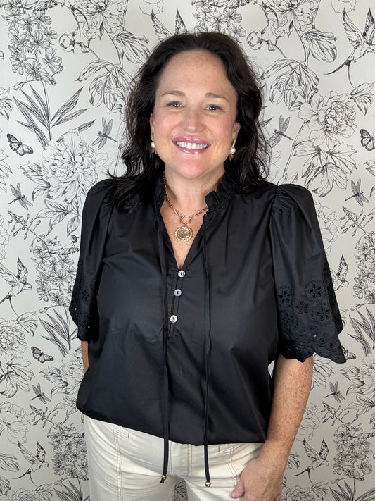 black eyelet sleeve blouse ENTRO