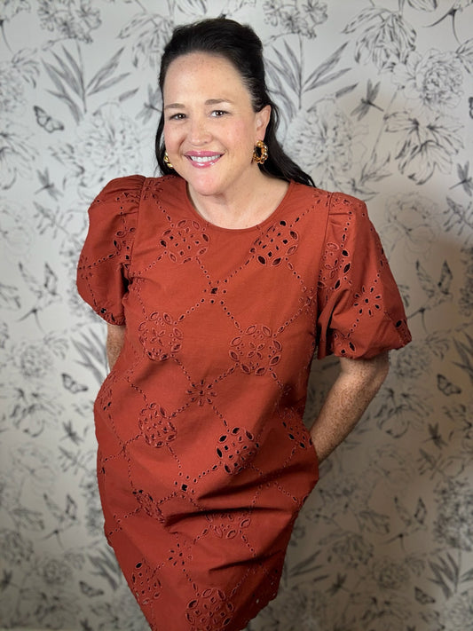 rust lace denim mini dress ENTRO