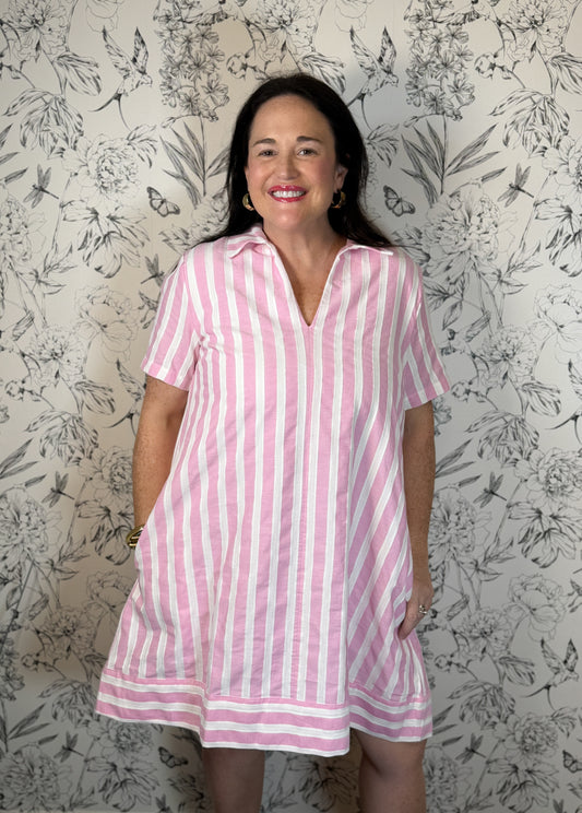pink white stripe mini dress English Factory