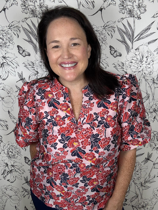 navy, red, pink brocade jacquard blouse VOY