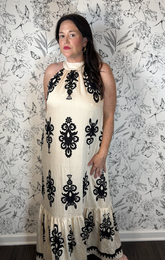 Ivory Black Halter Midi English Factory