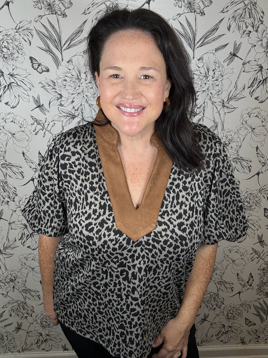 THML Leopard & Leather Knit Top