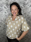 THML tan and white embroidered top with leather collar