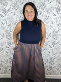 navy knit midi dress with brown/navy stripe poplin skirt ENTRO