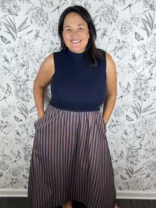 navy knit midi dress with brown/navy stripe poplin skirt ENTRO