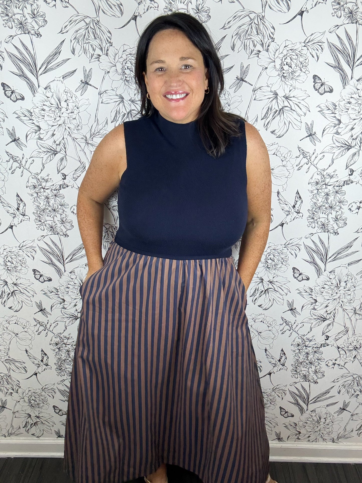 navy knit midi dress with brown/navy stripe poplin skirt ENTRO
