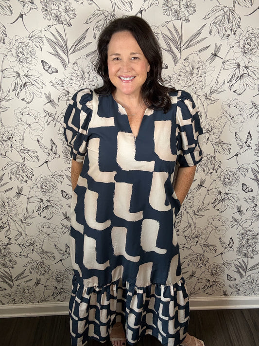 navy cream abstract midi ENTRO