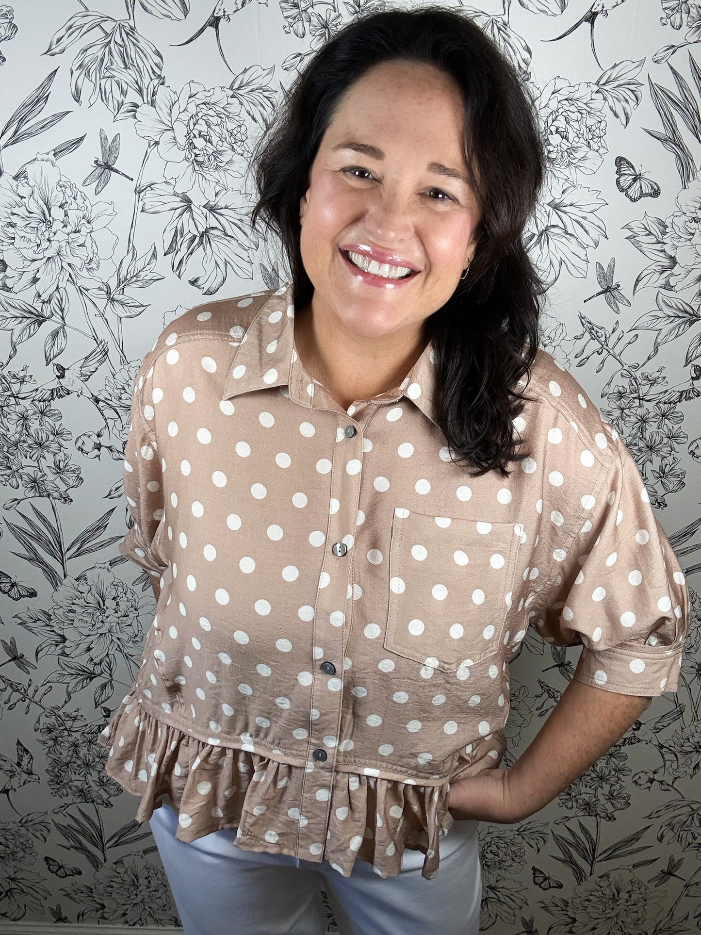 tan and white polka dot blouse ENTRO