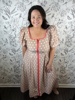 tan and white polka dot midi red trim ENTRO