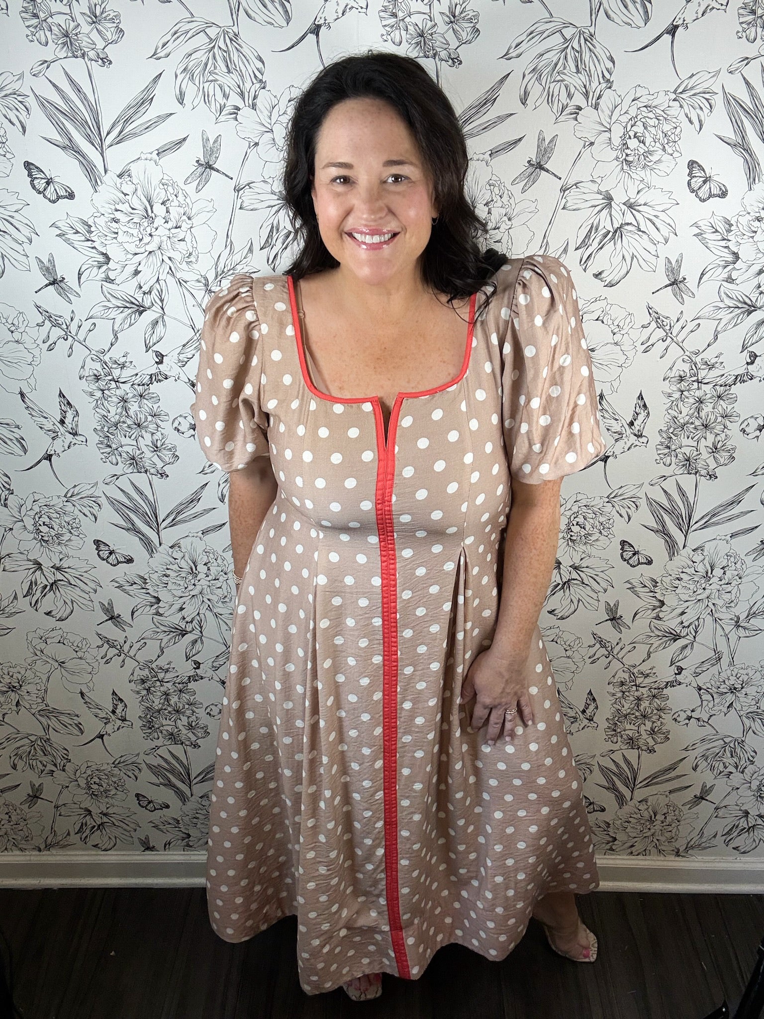 tan and white polka dot midi red trim ENTRO