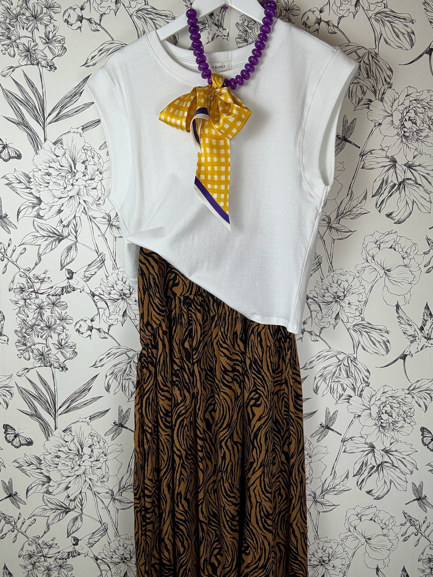Purple & Gold Check Silk Twilly Scarf