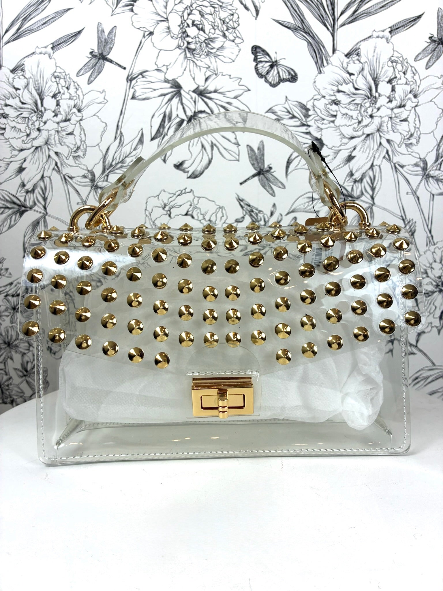 clear handbag/crossbody with gold studs