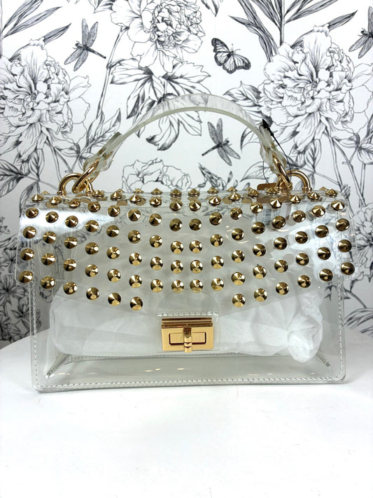 clear handbag/crossbody with gold studs