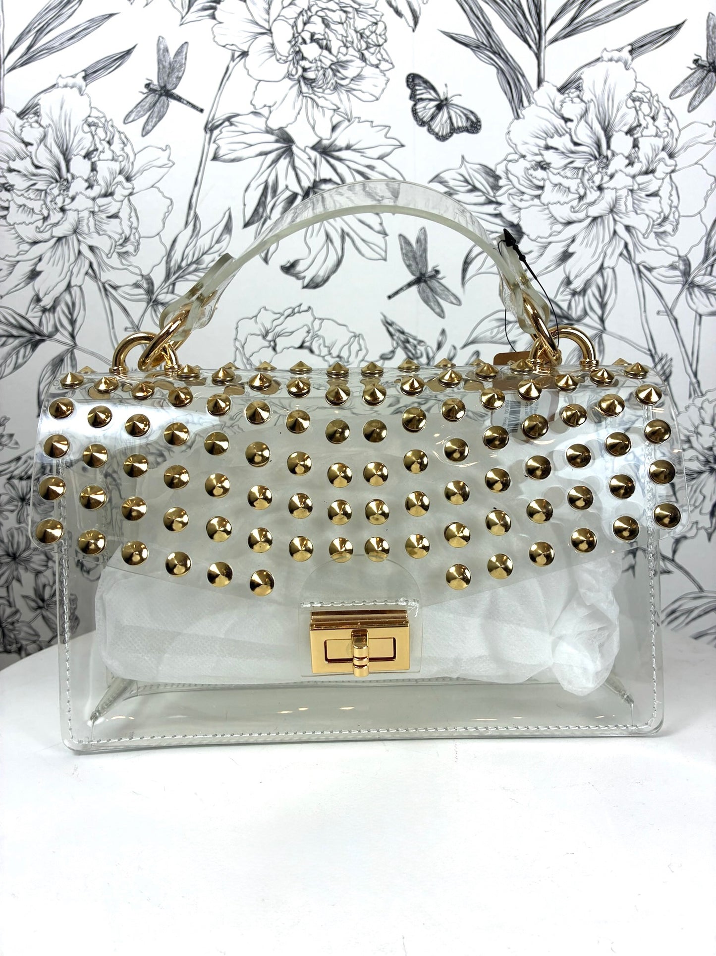 clear handbag/crossbody with gold studs