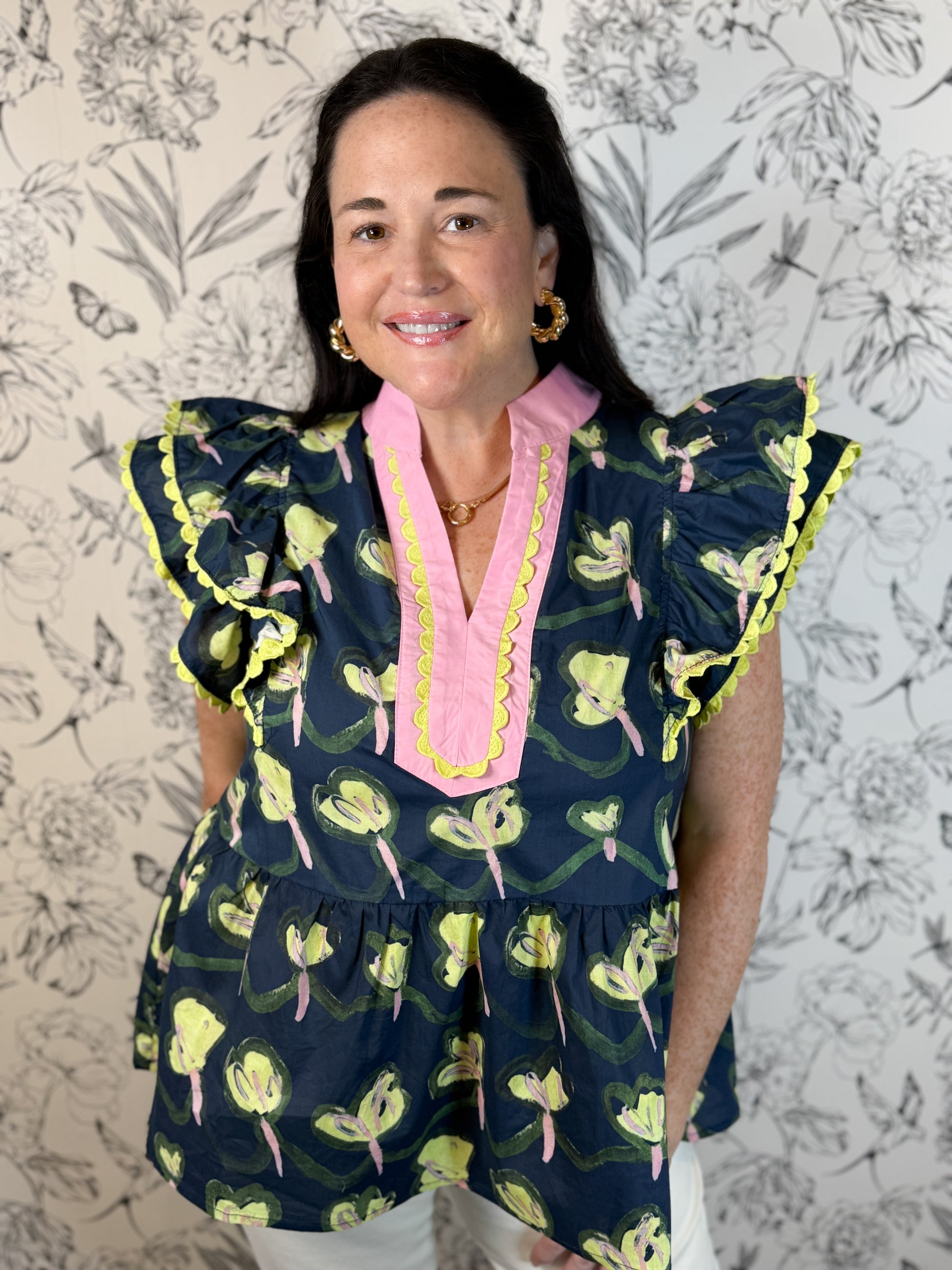 navy chartreuse pink floral flutter sleeve entro