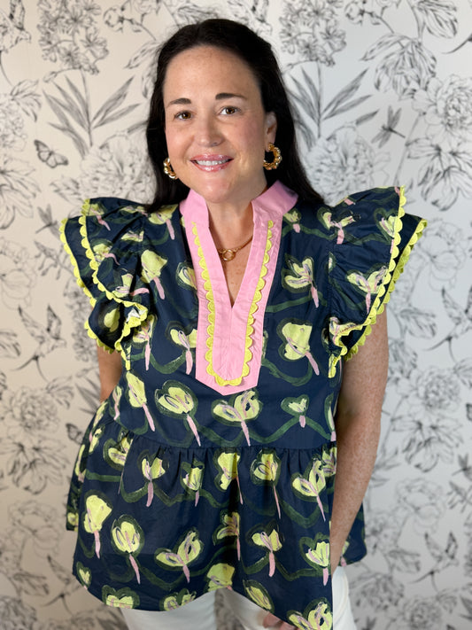 navy chartreuse pink floral flutter sleeve entro