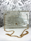 clear acrylic clutch/crossbody with pearl front