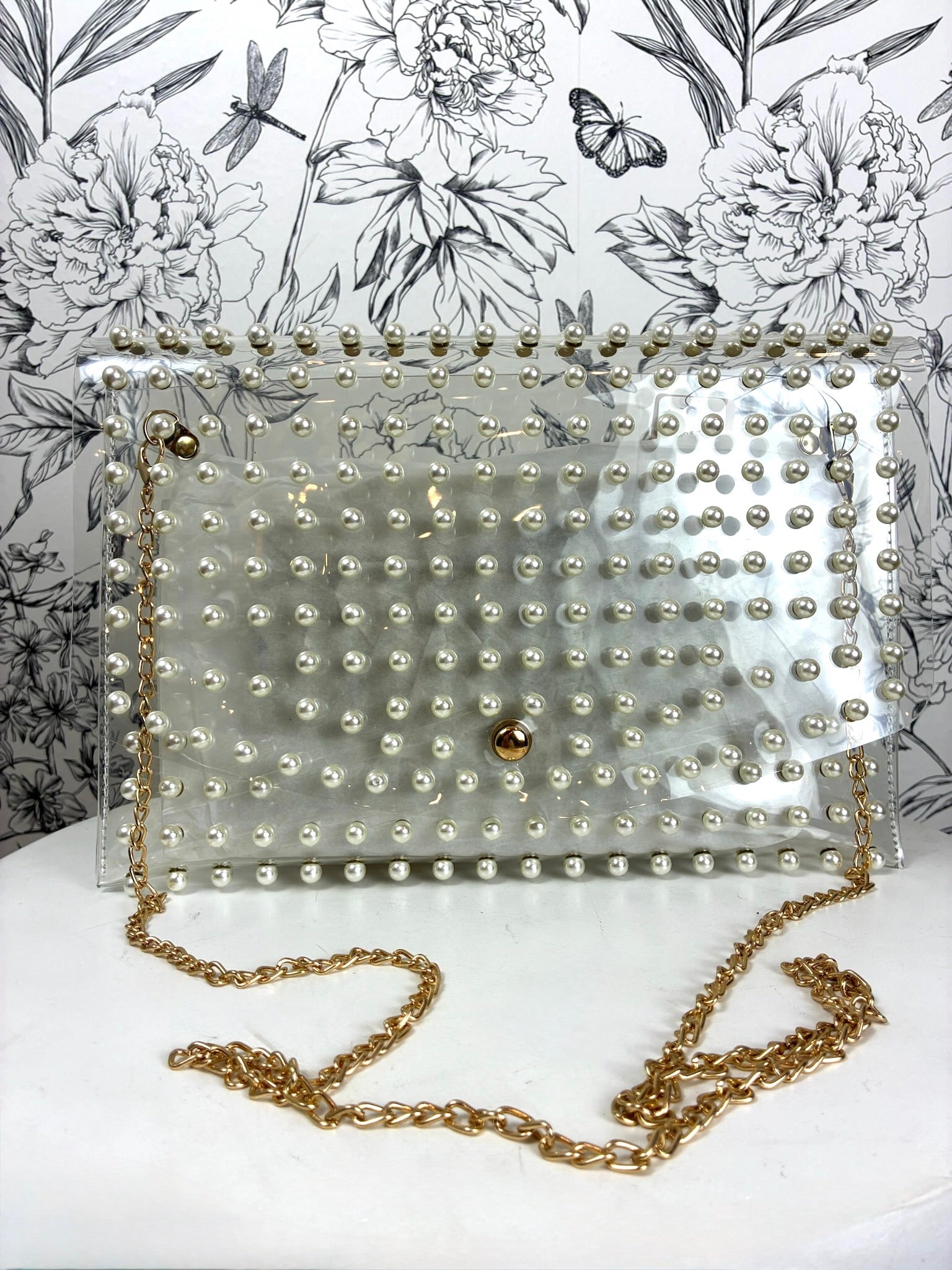 clear acrylic clutch/crossbody with pearl front