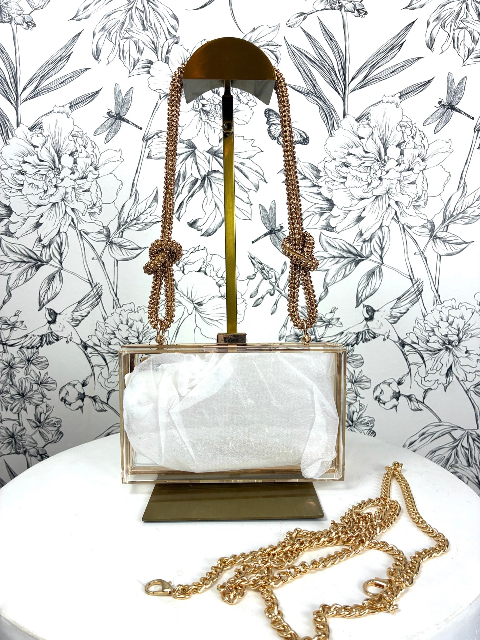 clear acrylic box clutch/crossbody with rhinestone handle