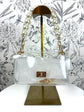 clear acrylic clutch/crossbody with big pearl handle