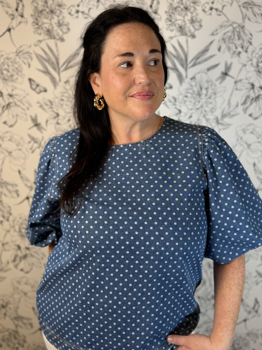 denim white polka dot balloon sleeve top