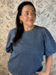 denim white polka dot balloon sleeve top