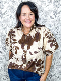 brown an ivory floral mock neck puff sleeve with banded cuff, ENTRO