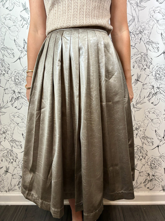 pewter vegan leather pleated midi skirt ELLE GREY