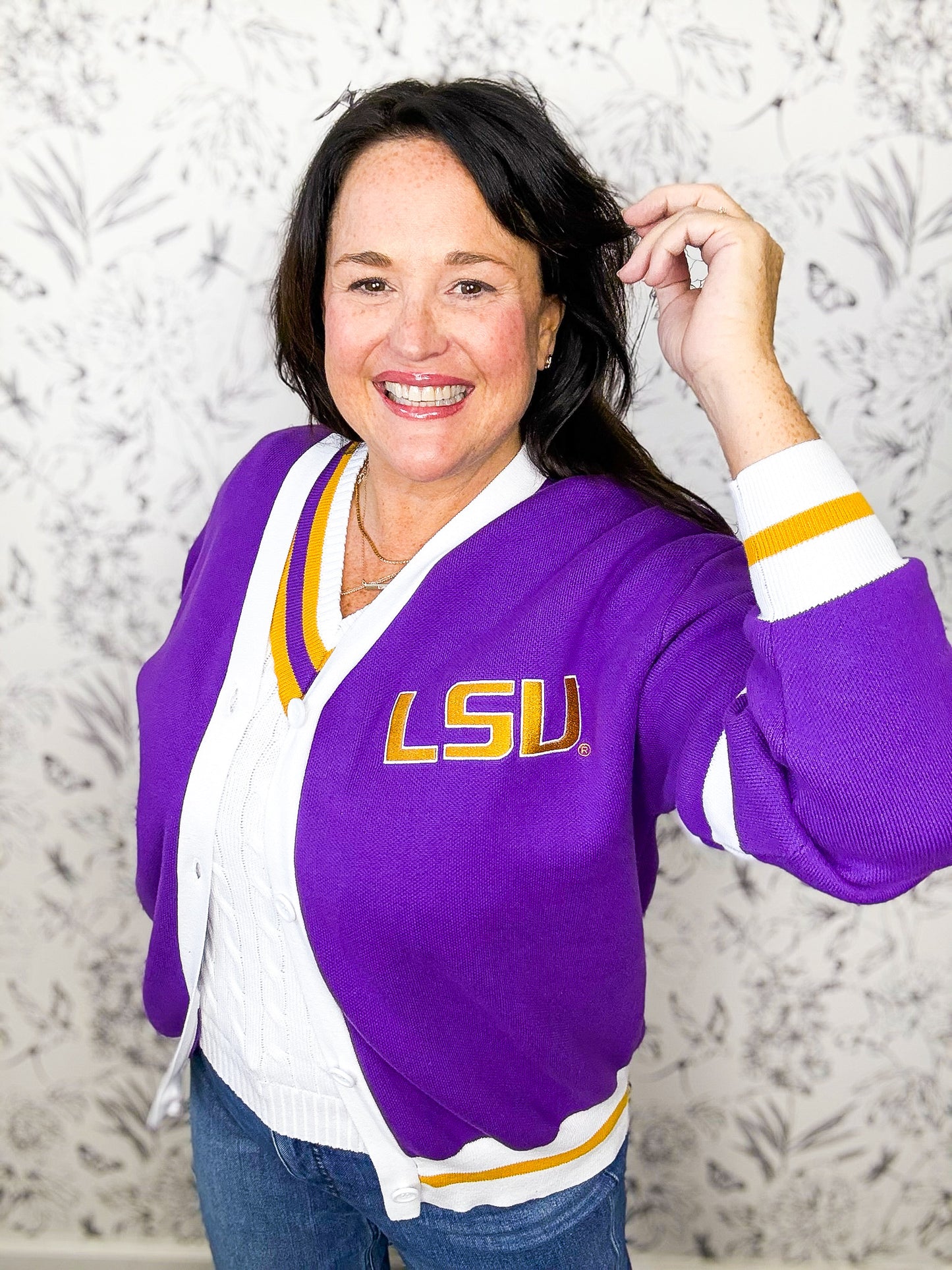 custom LSU throw back retro style cardigan with embroidered tiger and LSU GAME DAY