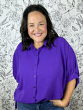 purple blouson button up, flowy, game day, DAY & MOON