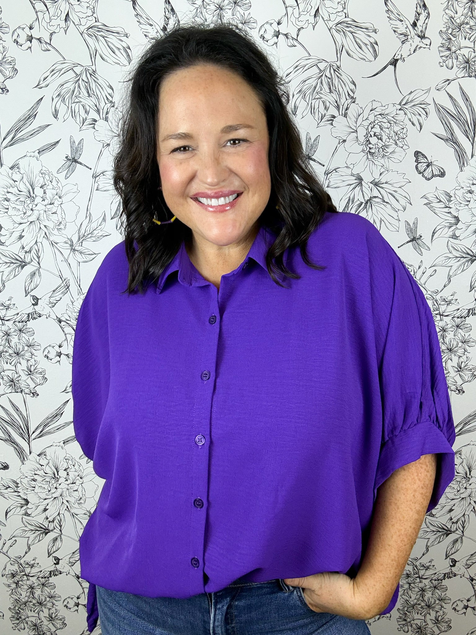 purple blouson button up, flowy, game day, DAY & MOON