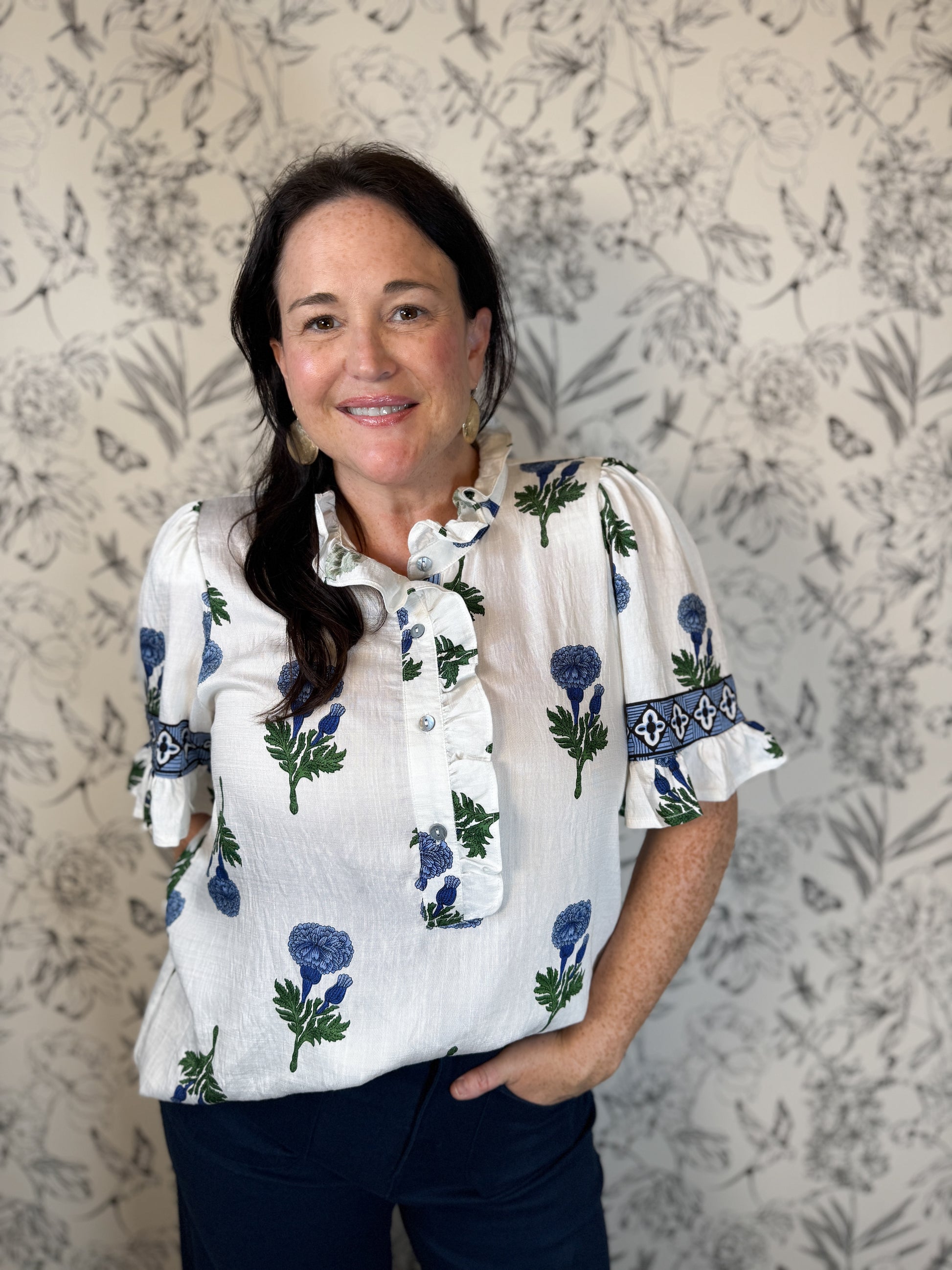 white blue green floral block print ruffle top ENTRO