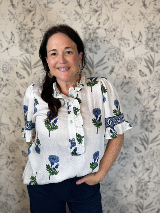 white blue green floral block print ruffle top ENTRO