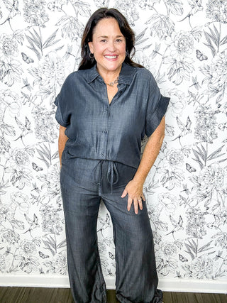 black tencel washed denim bathroom friendly jumpsuit ELAN