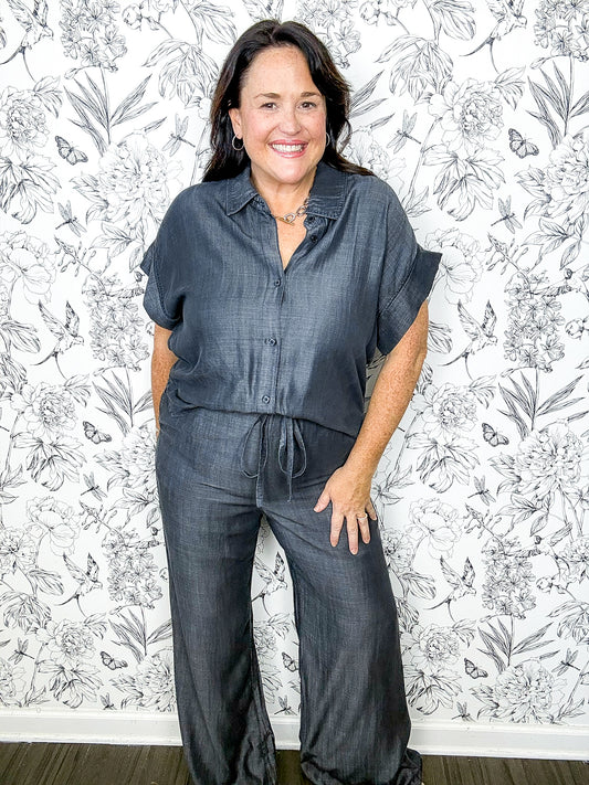 black tencel washed denim bathroom friendly jumpsuit ELAN