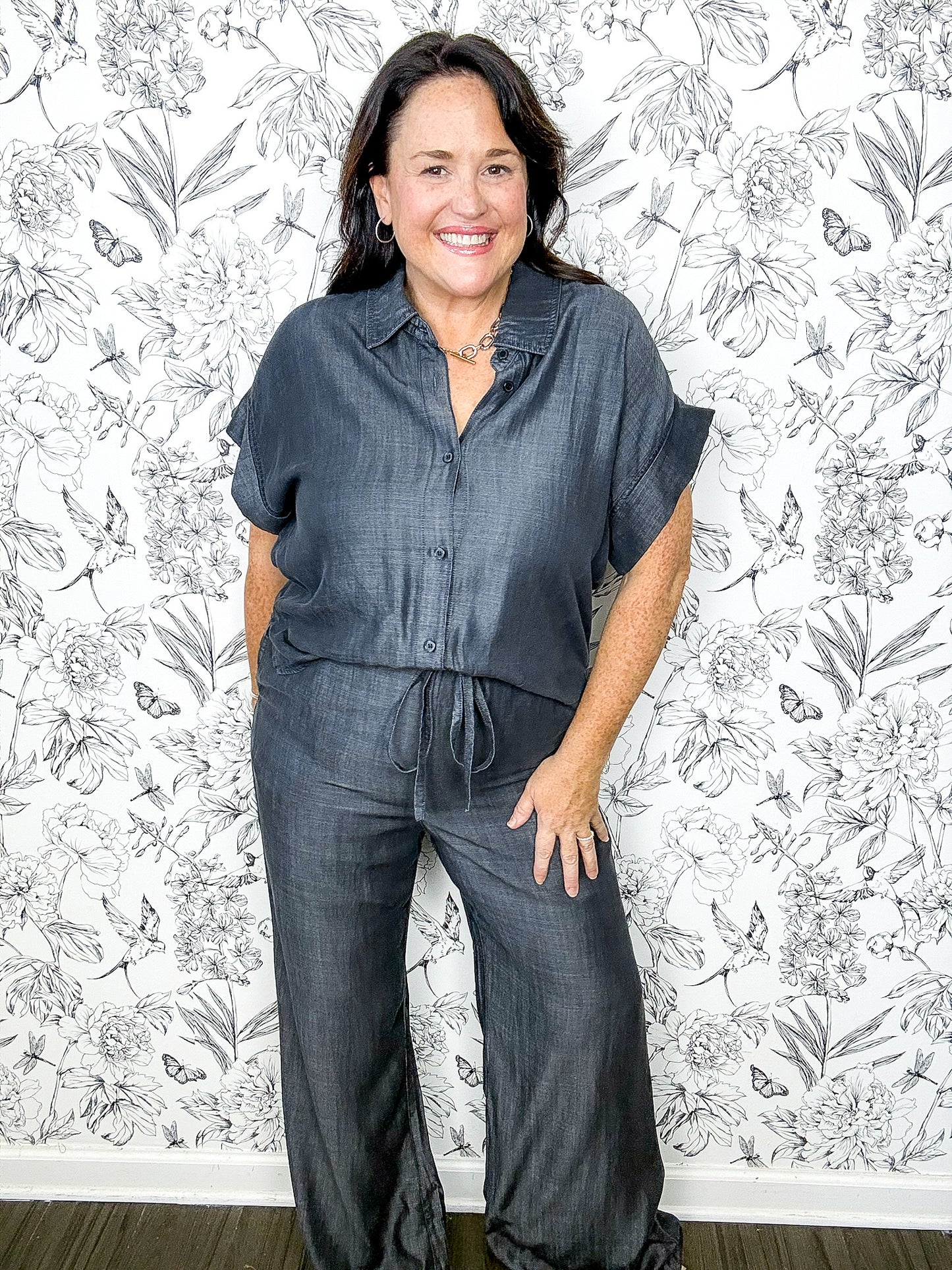 black tencel washed denim bathroom friendly jumpsuit ELAN
