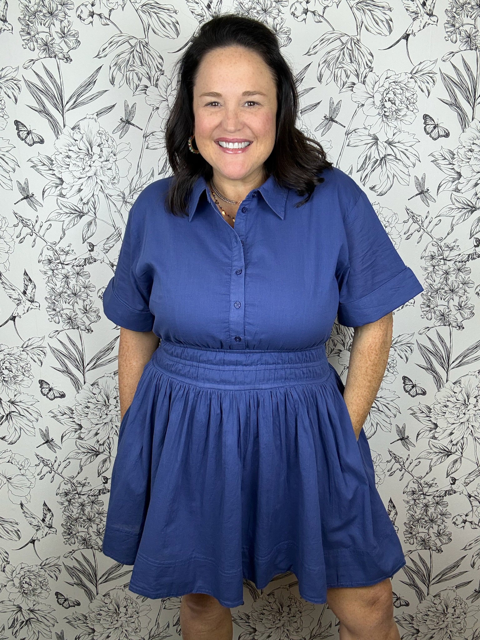 slate blue cotton smocked mini dress