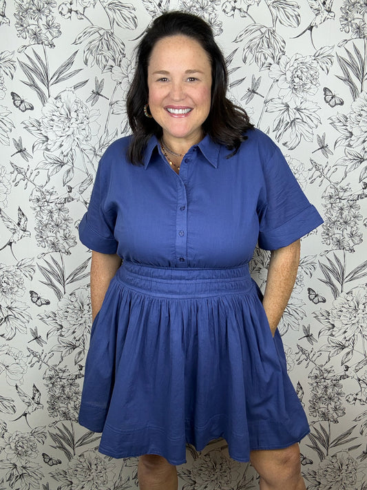 slate blue cotton smocked mini dress