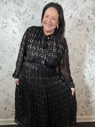 black and gold lurex dotted long sleeve midi dress ELAN