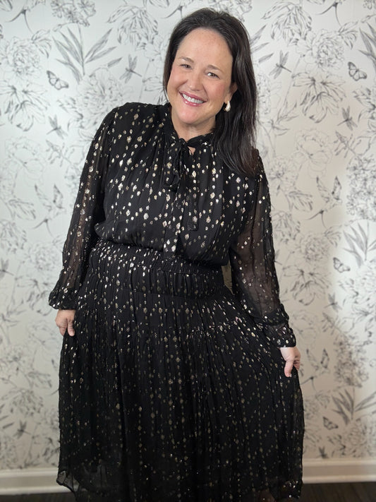 black and gold lurex dotted long sleeve midi dress ELAN