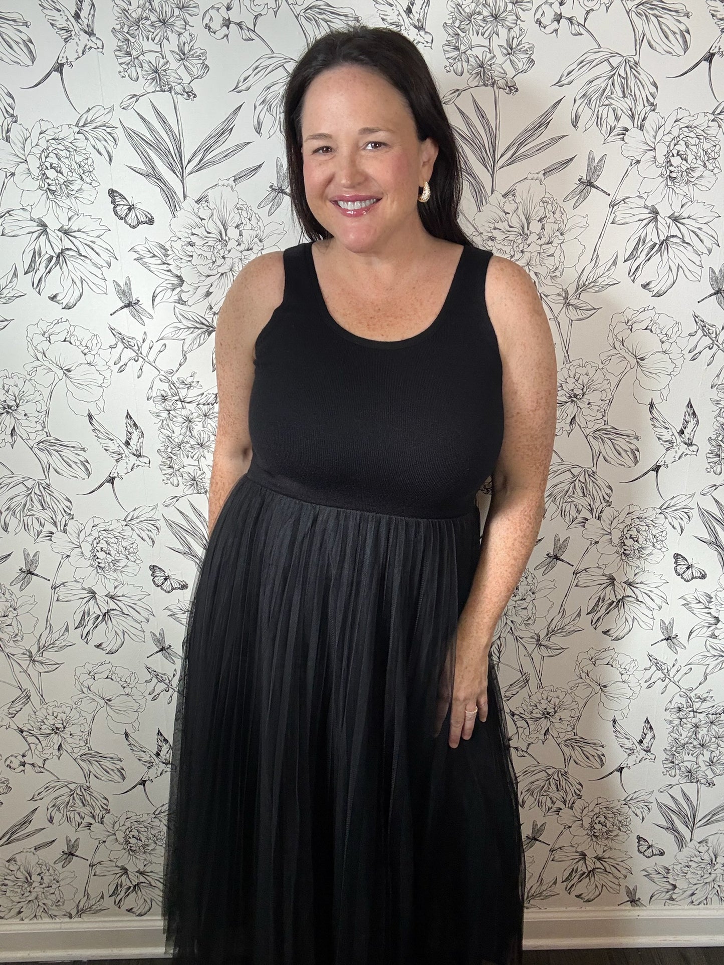 black knit sweater and tulle midi dress ELAN