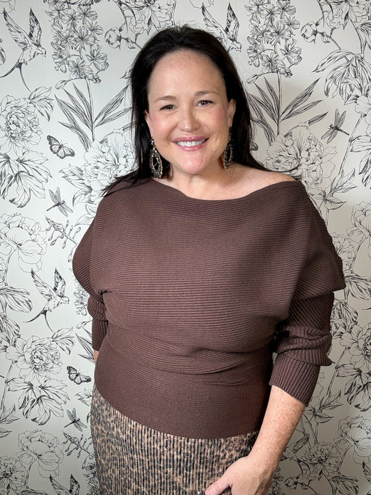 brown knit dolman sleeve off shoulder sweater ELAN