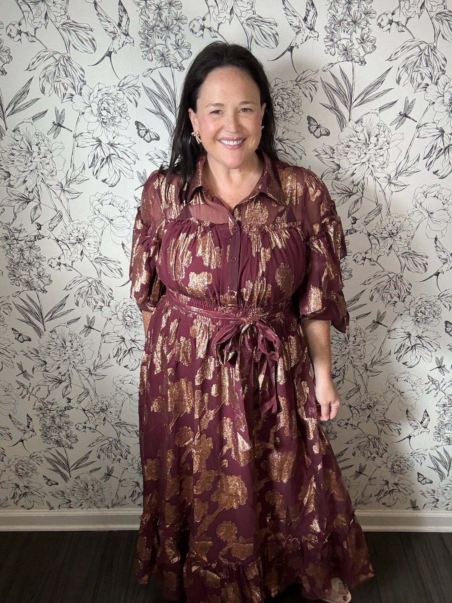 wine and gold lurex maxi dress FATE