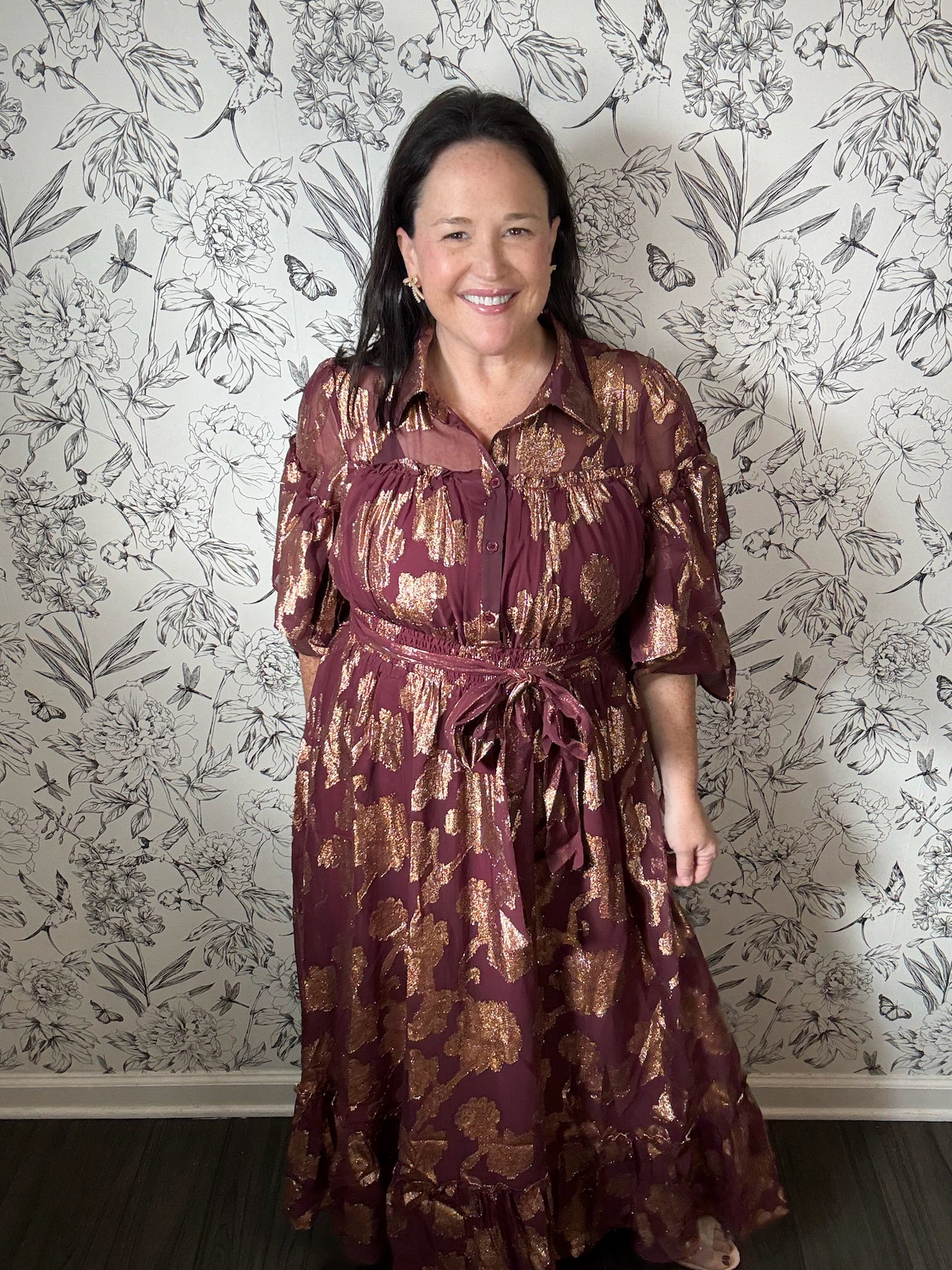 wine and gold lurex maxi dress FATE