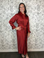 red satin twist holiday maxi dress