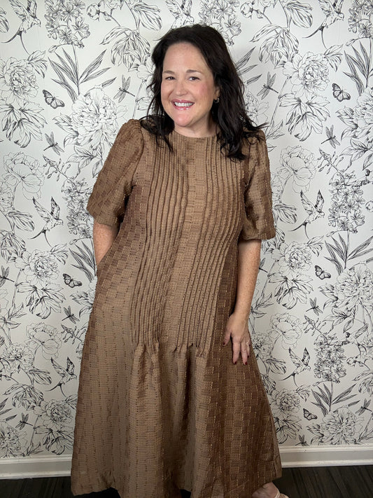 brown textured pintuck midi dress STRUT & BOLT